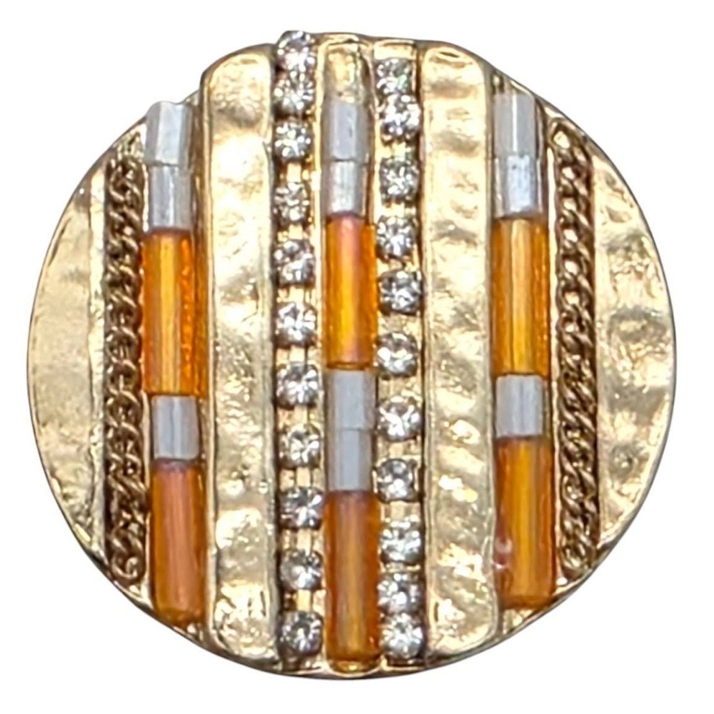 Gold Tone Hammered Stretch Orange Beaded Rhinestone Statement Ring Adjustable